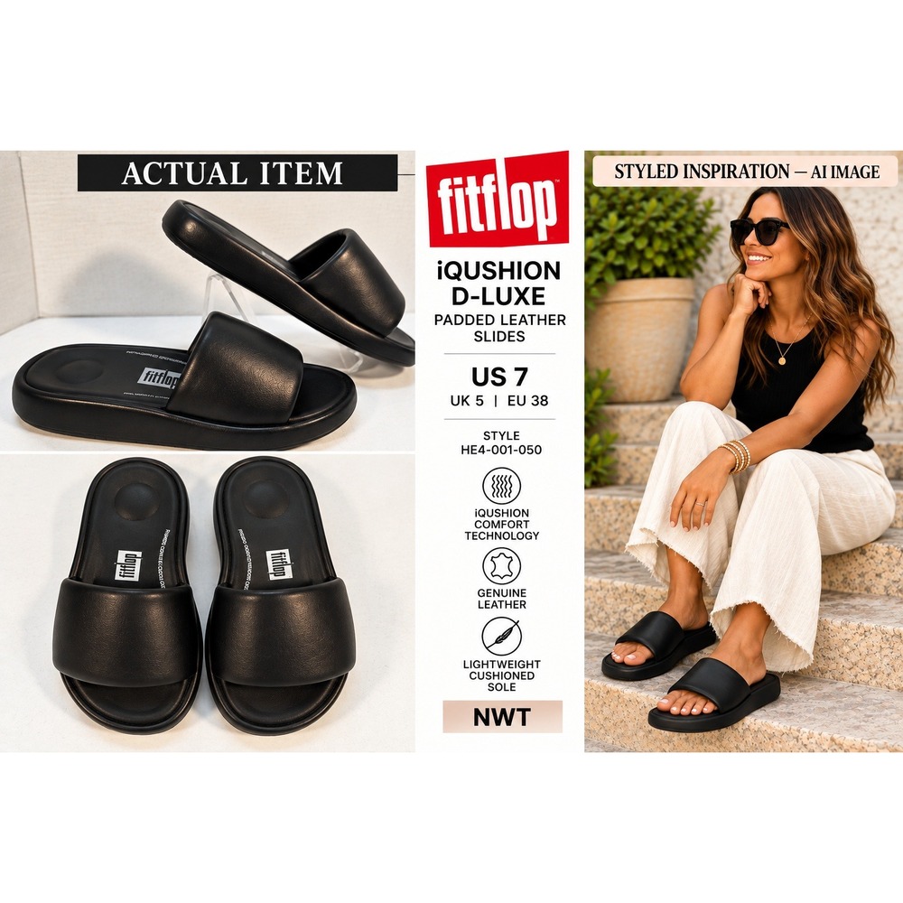 FitFlop iQushion D-Luxe Slides Women Padded Leather HE4-001 Black 7 NWT Comfort